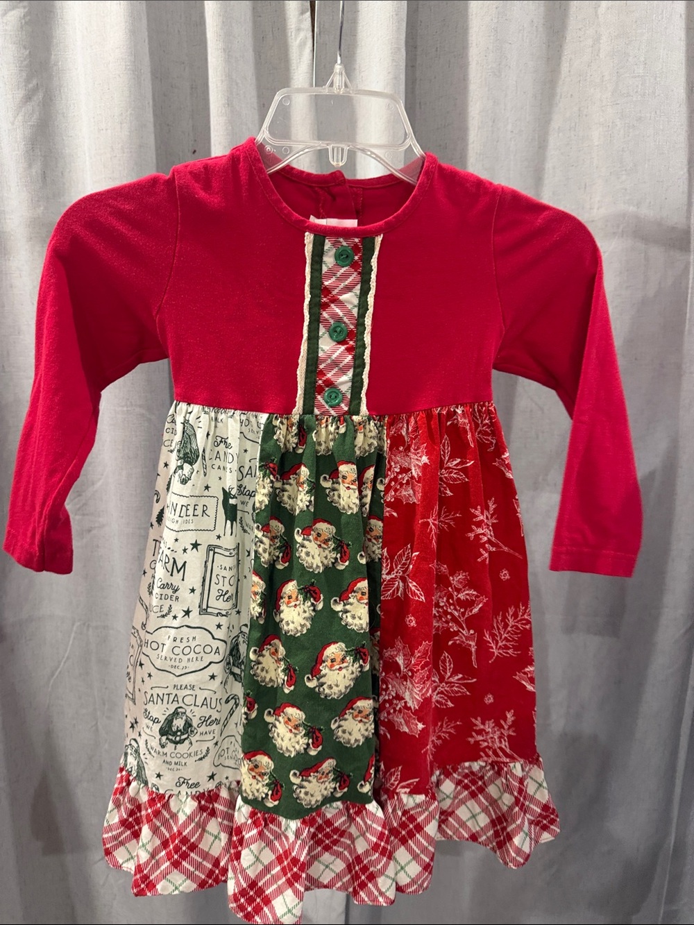 Holiday Patchwork Long-Sleeve Kids Dress - Red